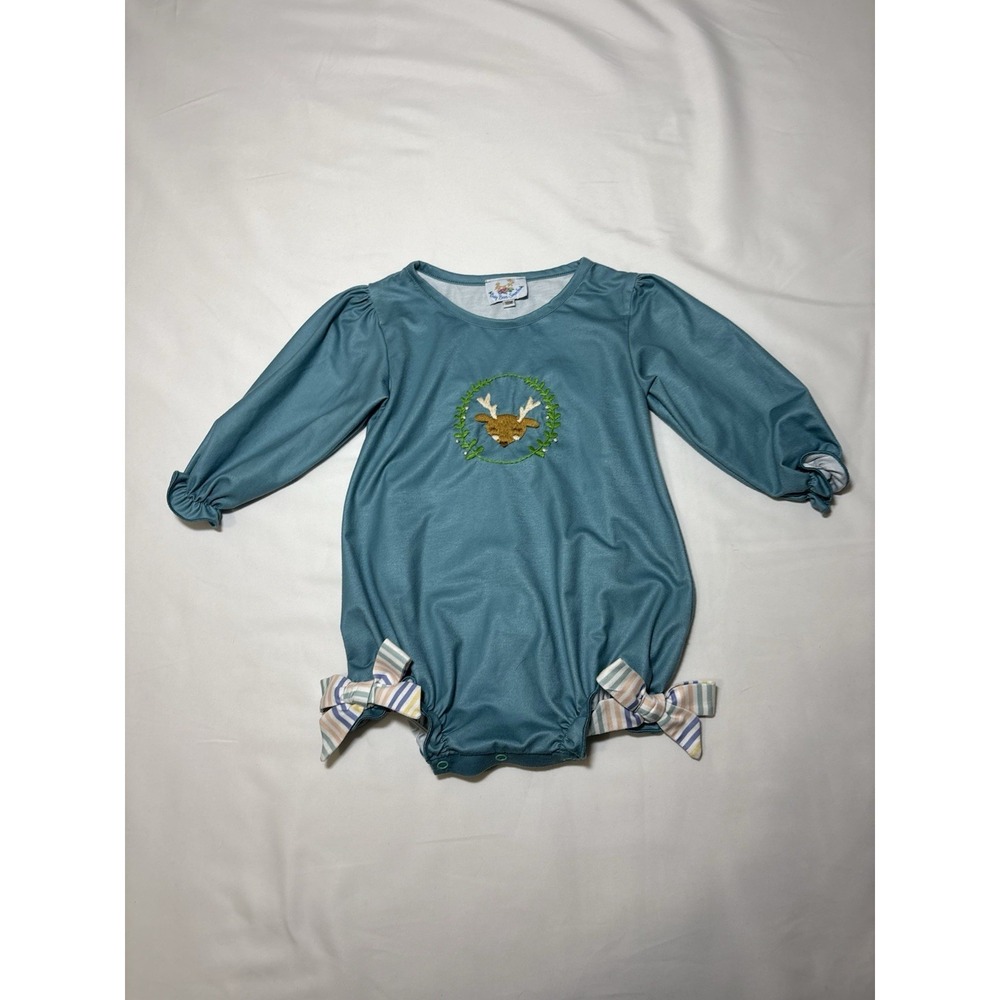 Busy Bees Smocks Deer Embroidered Blue Knit Long Sleeve Romper 18M